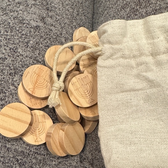 Other - Wooden Menorah Tokens with Drawstring Pouch 20 count